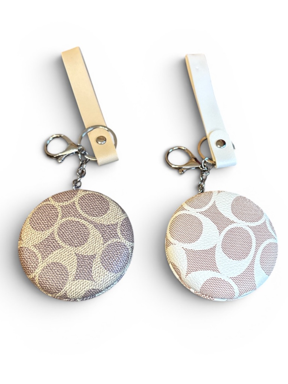 Coach Round Signature Monogram Coin Mirror Keychain in Beige and in Crème